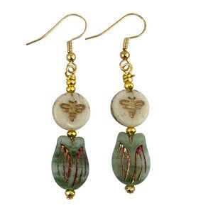 Gold Dusted Bee Mint Tulip Earrings | Czech Glass Flowers | Gold Plated